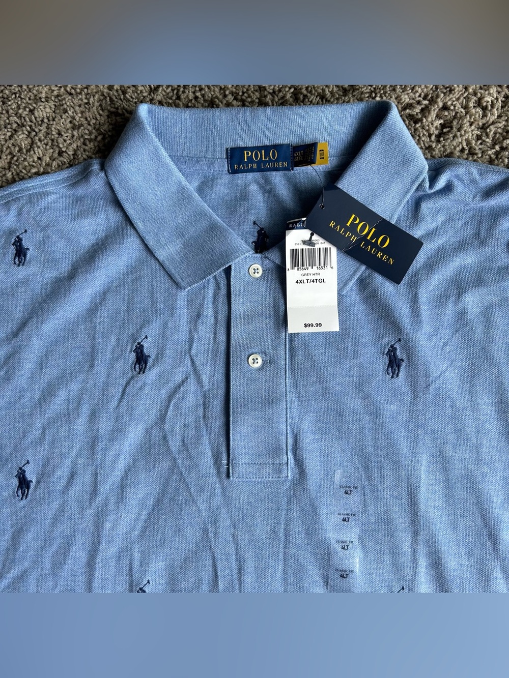 $99 NWT Polo Ralph Lauren Shirt Mens 4XL TALL Heather Blue Classic Fit Pony AOP